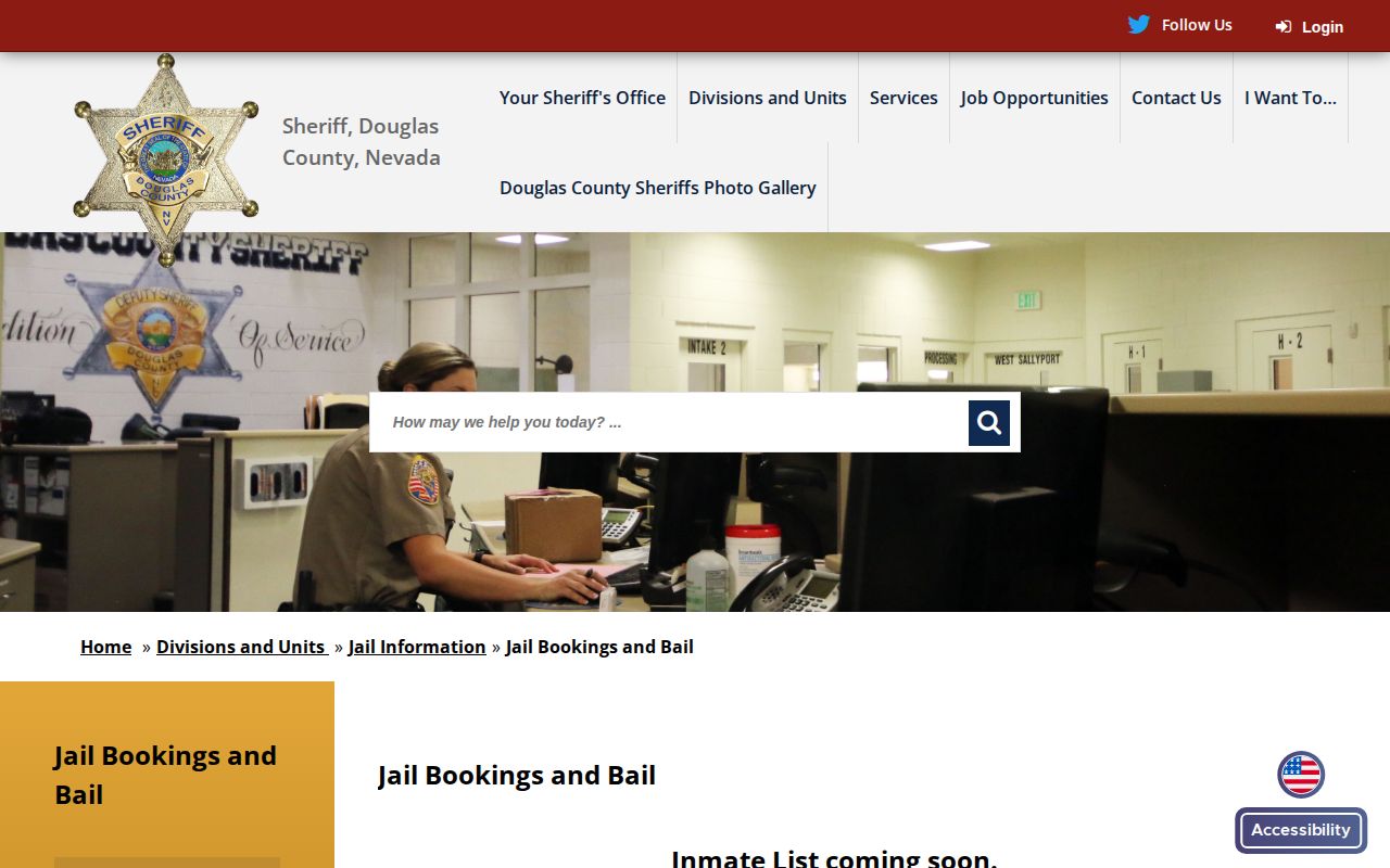 Douglas County Nevada jail bookings page explaining its current inmate-list route