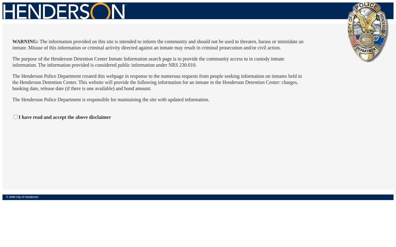 Henderson Nevada inmate information notice for booking and custody details