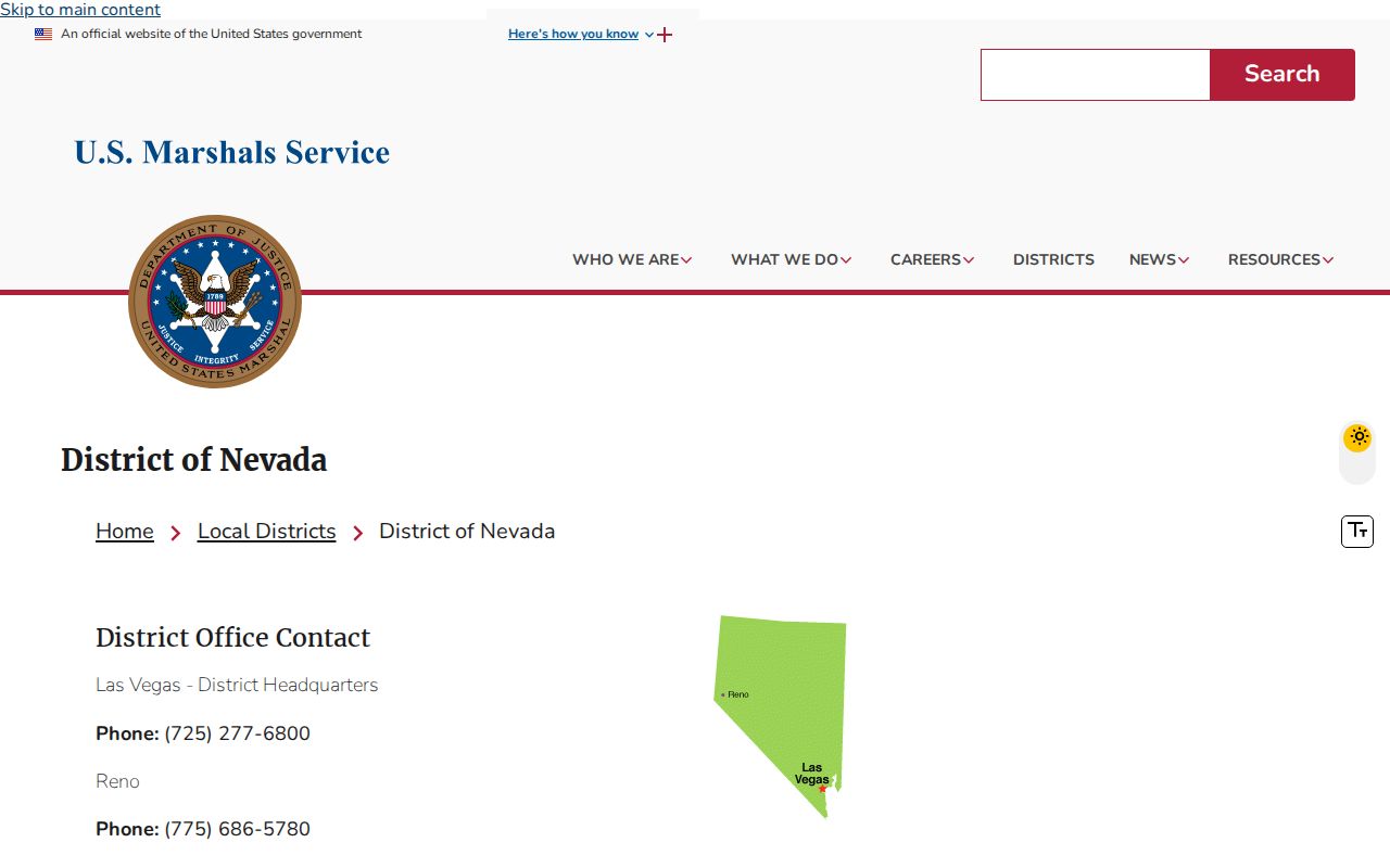 U.S. Marshals District of Nevada official fugitive information page