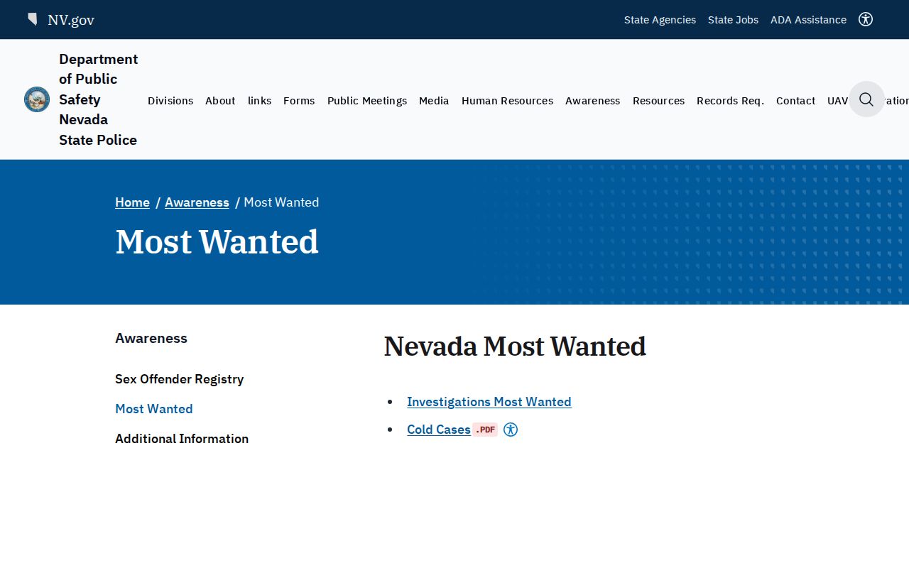 Nevada DPS official most-wanted notice page