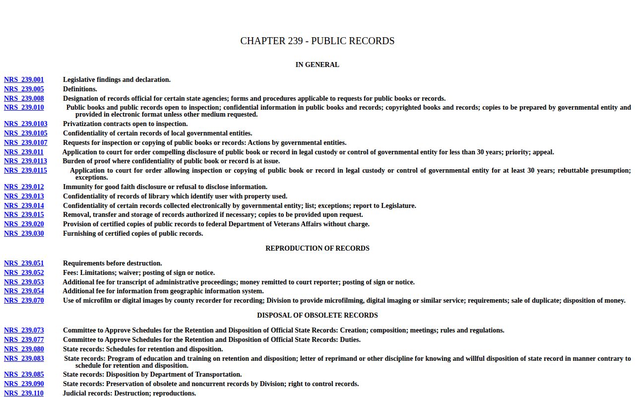 Nevada Revised Statutes Chapter 239 public-records law page