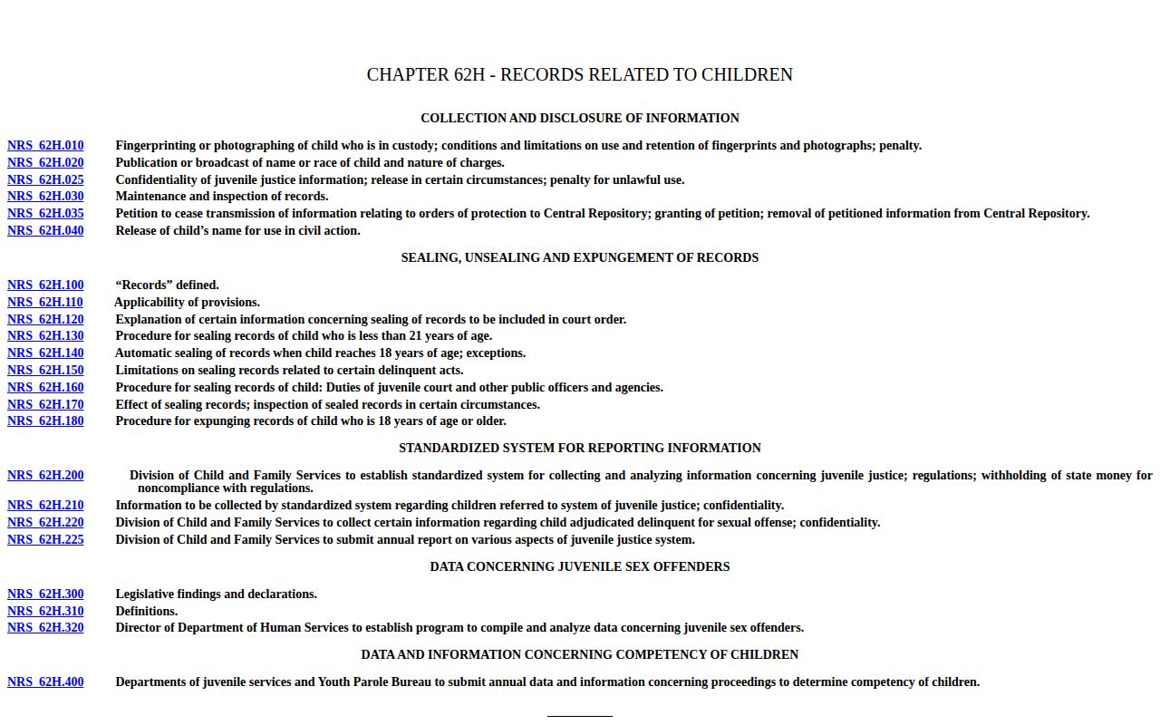 Nevada Revised Statutes Chapter 62H juvenile justice confidentiality law page