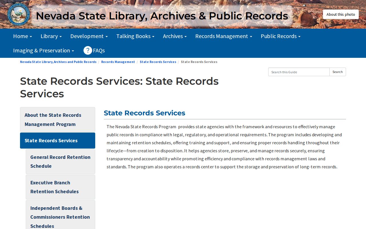Nevada State Library, Archives and Public Records State Records Services page
