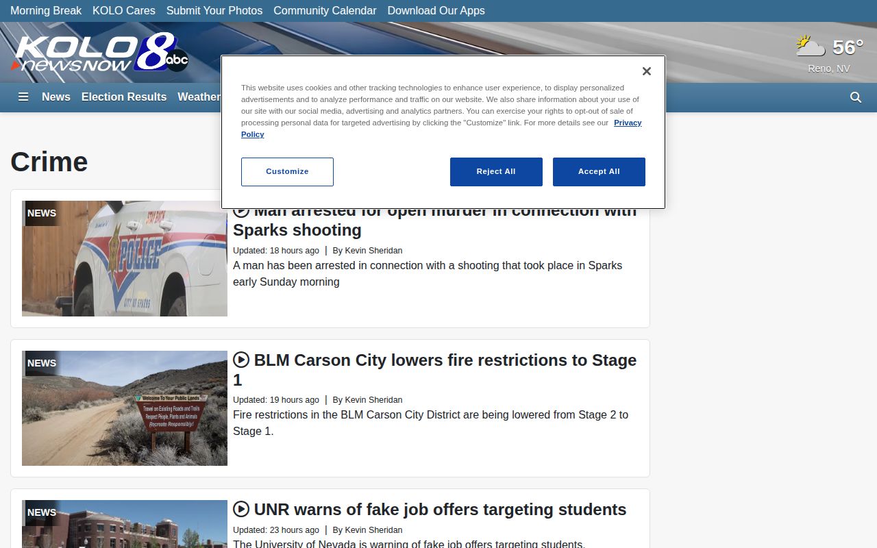 Nevada regional crime-news section from KOLO showing selected public-safety and arrest stories