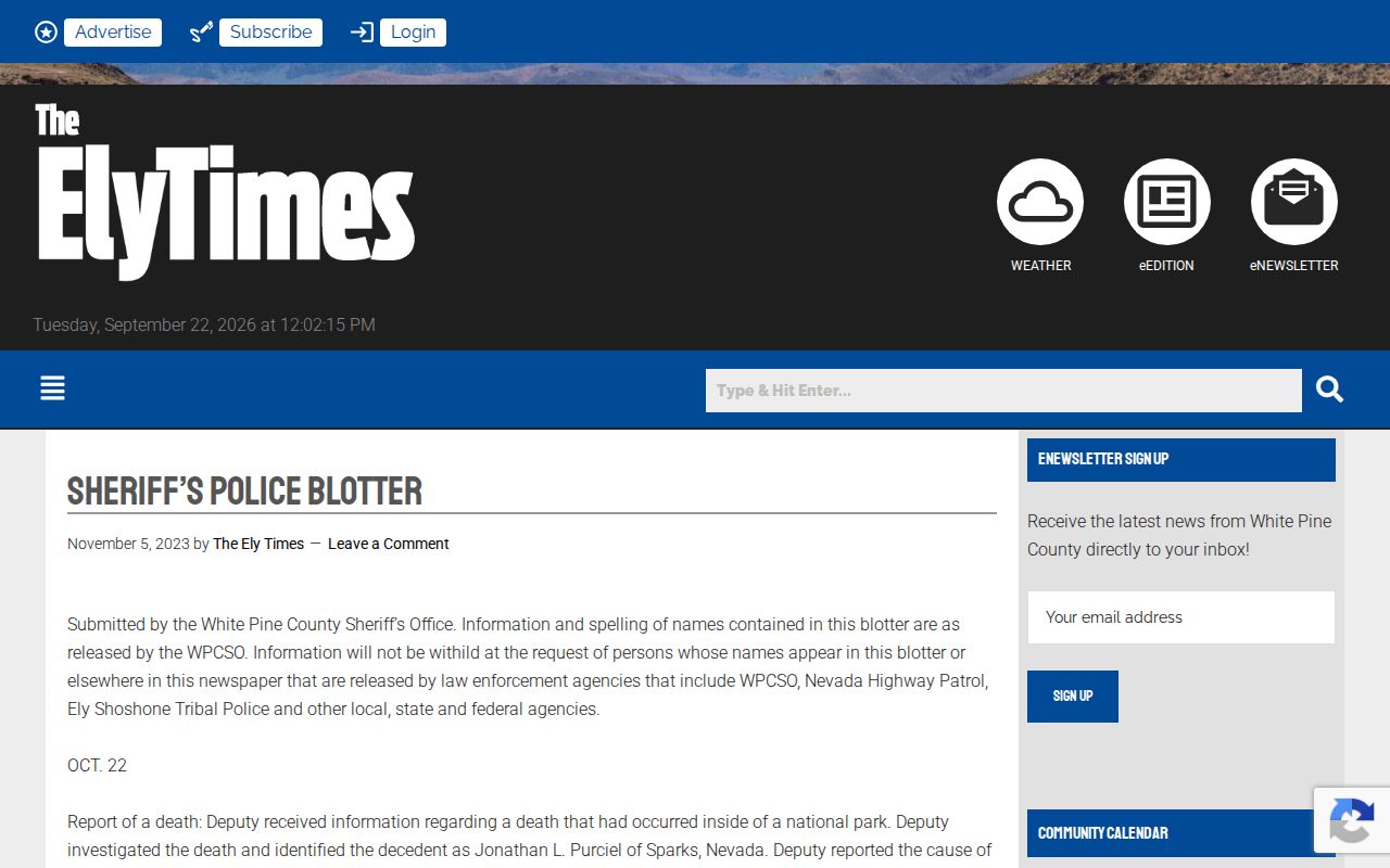 The Ely Times Nevada newsroom landing page, a secondary source for local sheriff blotter coverage