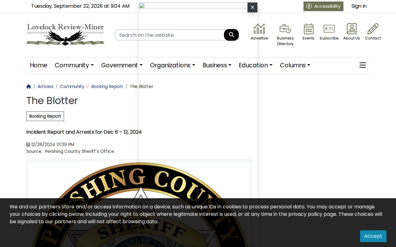 Lovelock Review-Miner Nevada blotter page with a report date and sheriff source label
