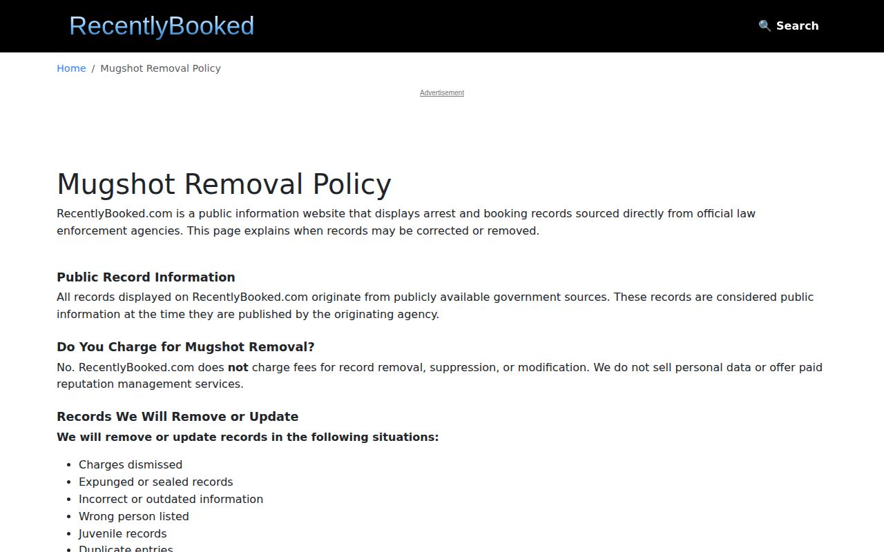 RecentlyBooked free correction and removal policy for Nevada arrest listings