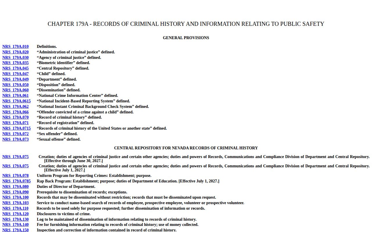 Nevada Revised Statutes criminal-history chapter covering booking identifiers