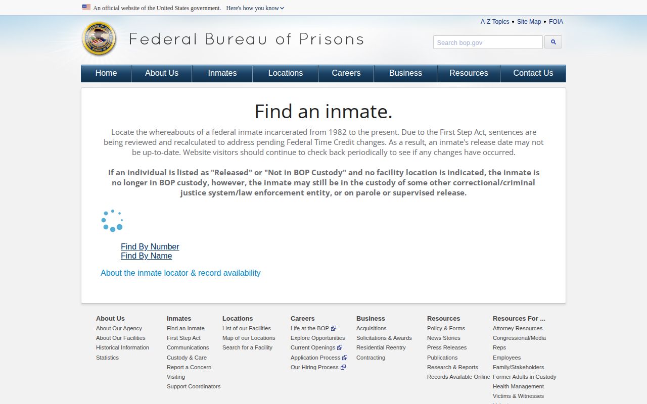 Federal Bureau of Prisons official inmate locator search page