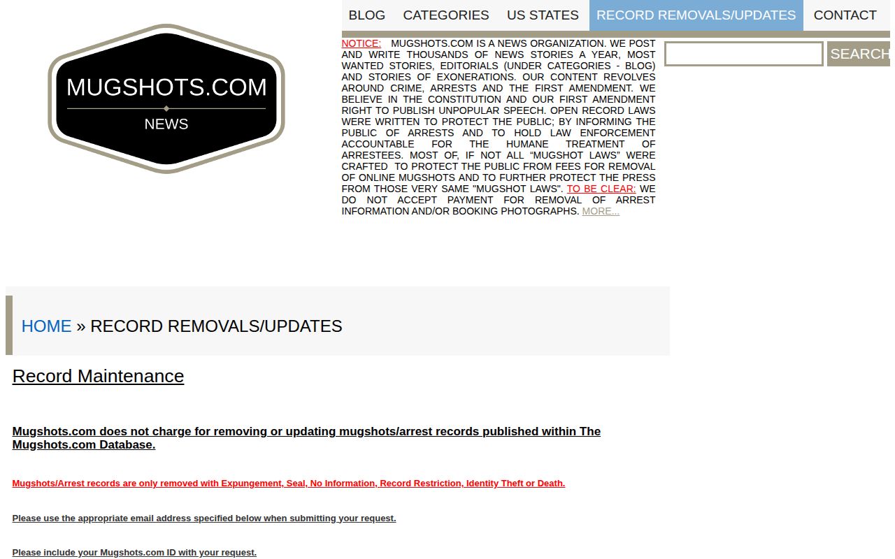 Mugshots.com record-maintenance page describing its own correction and removal process