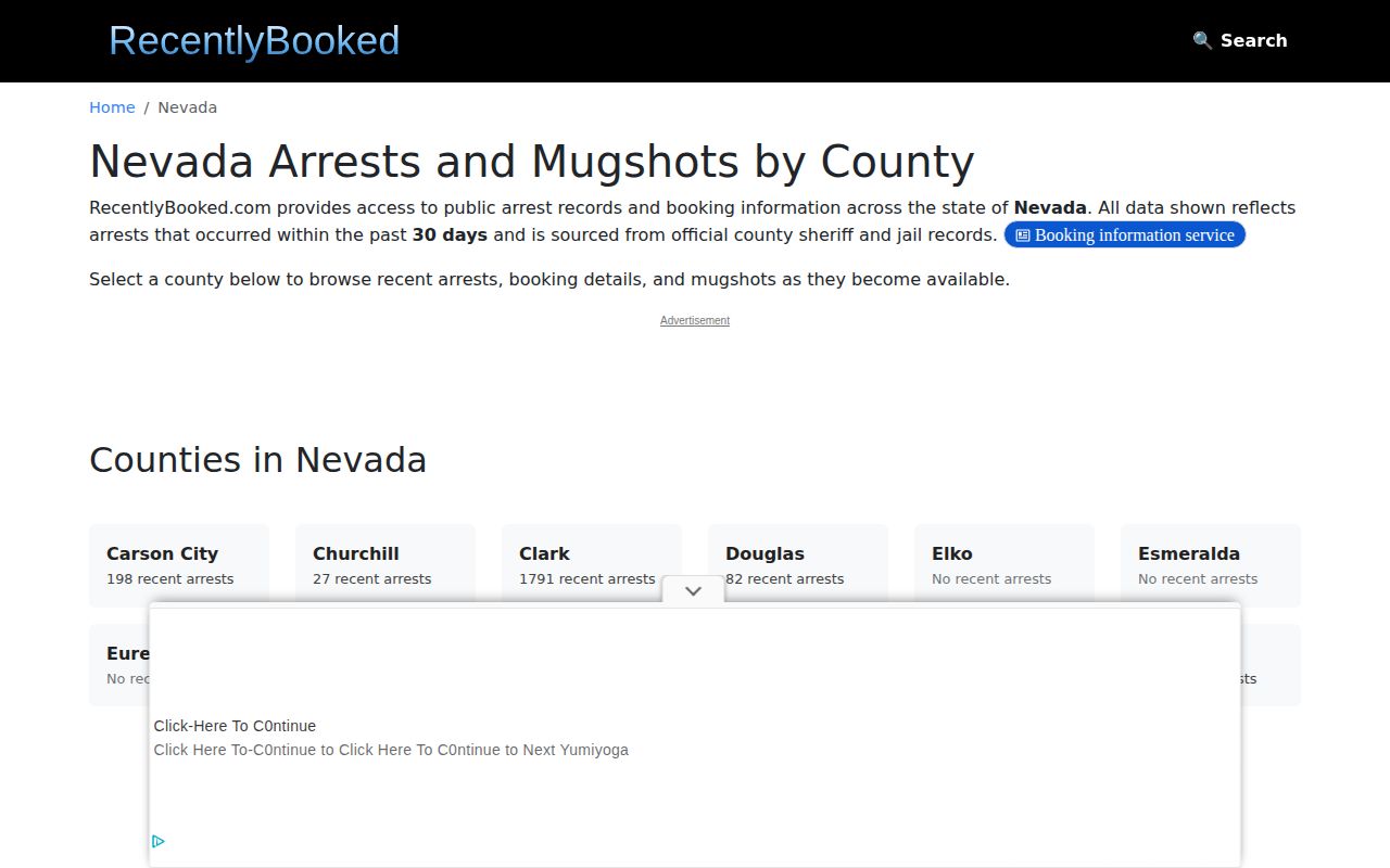 RecentlyBooked Nevada county index, an unofficial secondary source