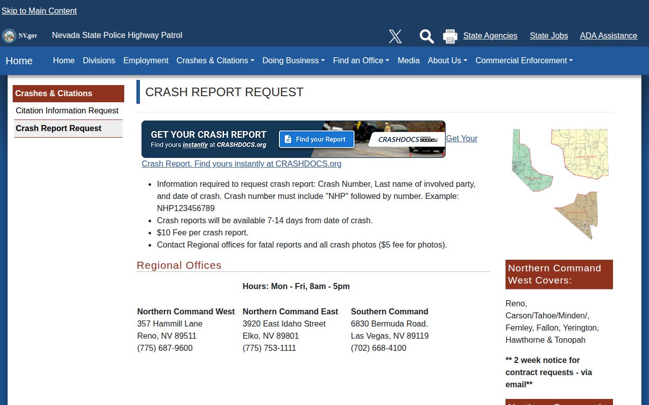Nevada Highway Patrol crash report request options and requirements