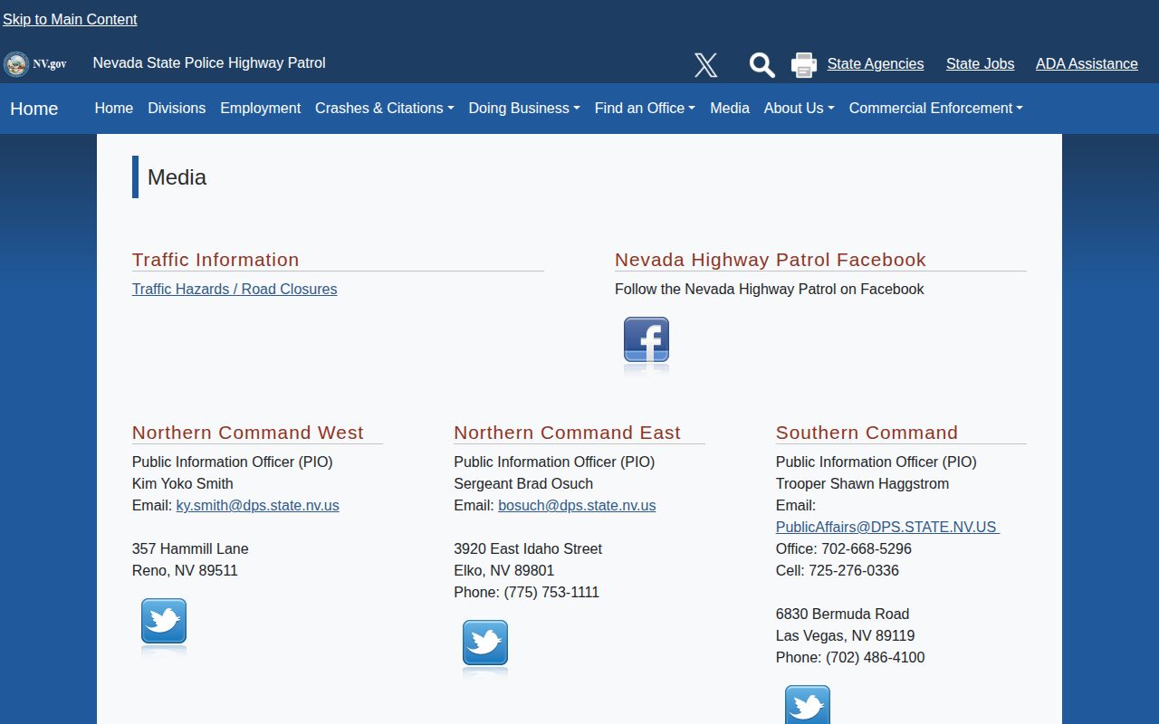NHP Media page for Nevada Highway Patrol news and arrest releases