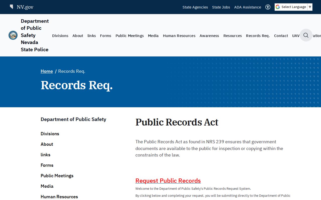 Nevada DPS public records request page for NHP arrest records