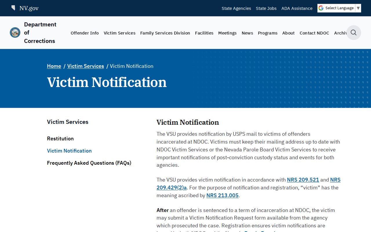 Nevada Department of Corrections victim notification information for custody status alerts