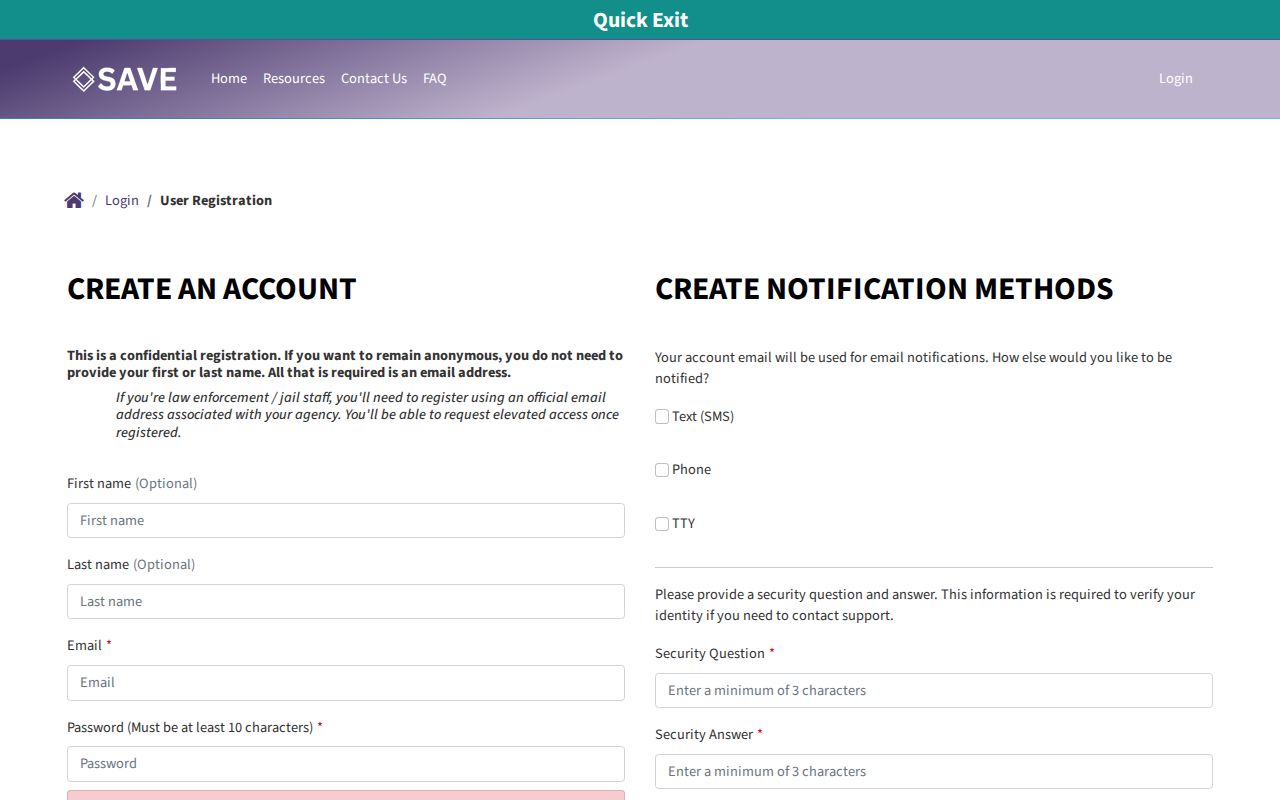 Nevada S.A.V.E. user registration screen for custody alerts